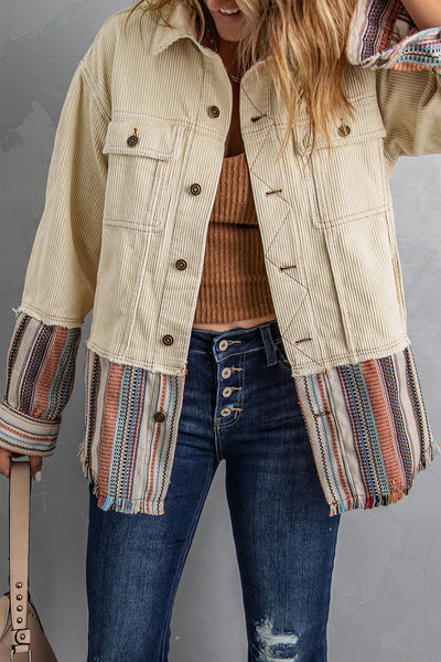 Cozy Women's Color Block Striped Corduroy Jacket with Button-Up Front and Pockets - Perfect Fall Outerwear made for easy styling and wardrobe