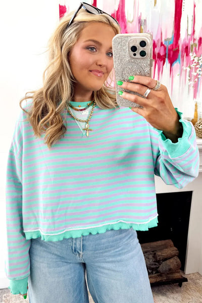 Cozy Oversized Green Stripe Sweatshirt for Women with Exposed Seams & Contrast Trim - Casual Chic Essential