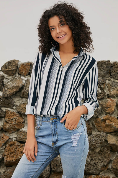 Chic Women's White and Navy Striped Shirt - Comfortable Fit for Effortless Everyday Style and Casual Elegance