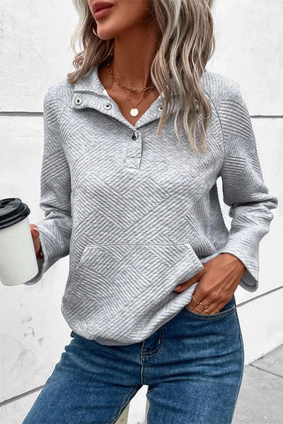 Cozy Women's Light Grey Textured Knit Sweatshirt with Buttoned Detail & Kangaroo Pocket for Casual Chic Style
