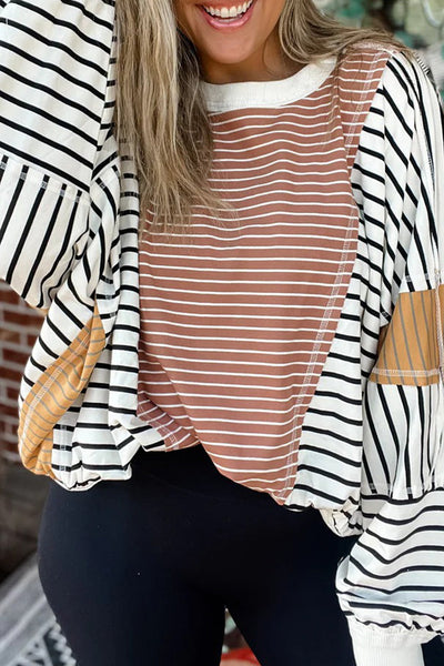 Trendy Women's Oversized Pink Striped Color Block Long Sleeve Top with Exposed Seams for Casual Chic Looks
