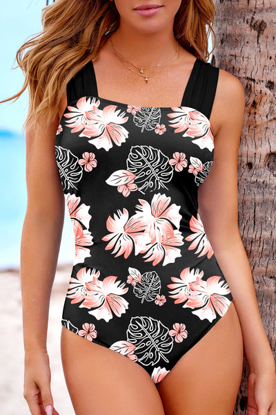 Women's Floral Ruched Square Neck One-Piece Swimsuit