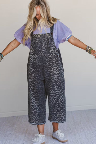 Stylish Women's Gray Leopard Print Denim Jumpsuit with Adjustable Straps - Relaxed Fit for Casual Chic Days