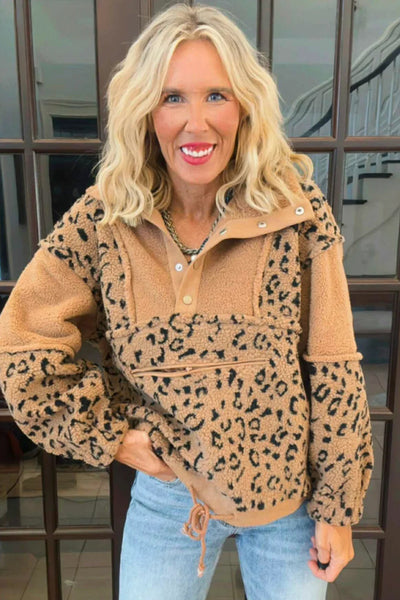 Cozy Women's Khaki Sherpa Leopard Color Block Pullover Sweatshirt - Stylish Casual Wear for Everyday Comfort