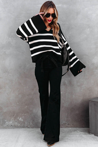 Women's Striped V-Neck Viscose Blend Slit Sleeve Sweater
