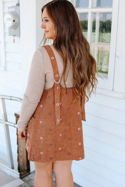 Women's Gold Flame Flower Embroidered Mini Dress - Stylish Corduroy Overall with Adjustable Straps and Trendy Fit