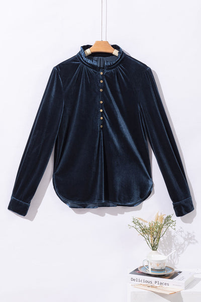 Chic Navy Blue Velvet Women's Top with Frilled Neck and Button Detail - Ideal for Casual and Dressy Events