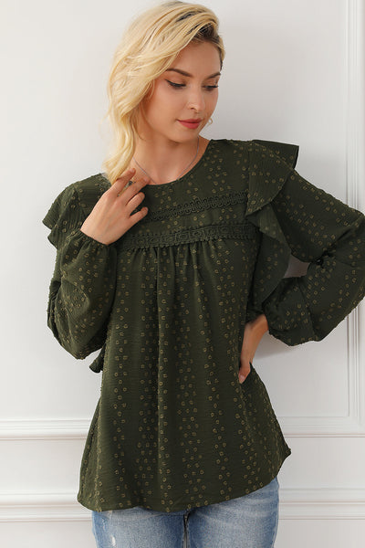 Elegant Women's Blackish Green Lace Blouse with Ruffle Sleeves - Chic Long Sleeve Top for Stylish Casual Outfits