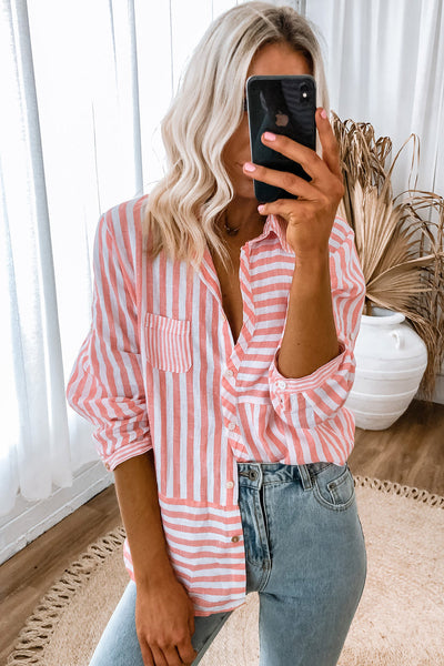 Women's Casual Long Sleeve Pink Striped Button-Up Shirt - Stylish Everyday Top for Effortless Outfits