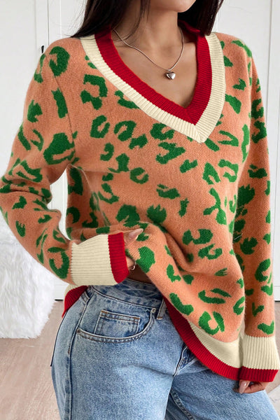 Women's Cozy Orange Leopard Print V-Neck Sweater with Striped Trim - Trendy Knit Top for Stylish Fall Fashion
