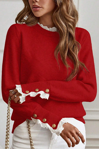 Cozy Women's Racing Red Loose Sweater with Lace Trim & Buttoned Cuffs - Chic Patchwork Knit for Effortless Style