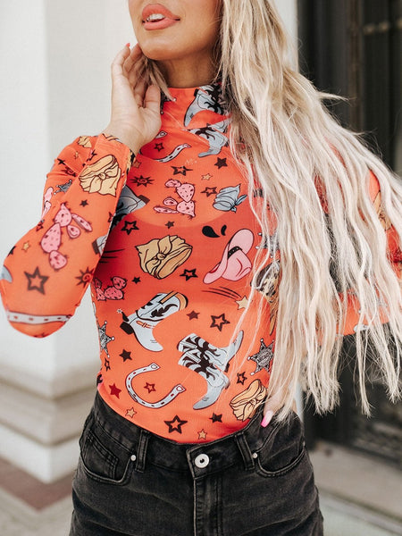 Rodeo Chic Orange Mesh Long Sleeve Bodysuit
