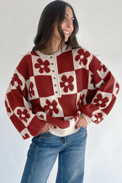 Women's Red Dahlia Floral Checkerboard Henley Knit Sweater