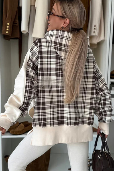 Trendy Women's Beige Plaid Patchwork Sweatshirt with Side Slit - Cozy Casual Fall Fashion Essential