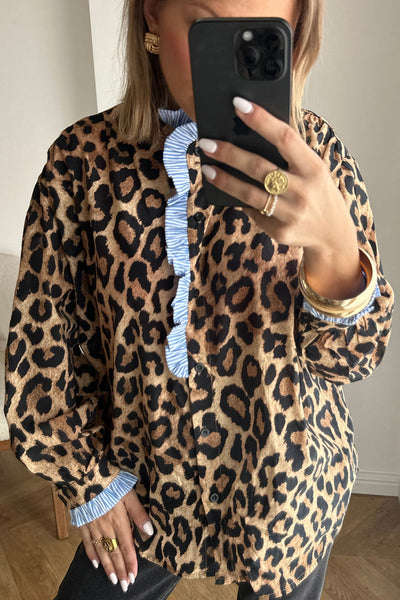Women's Leopard Print Ruffle Blouse with Striped Contrast