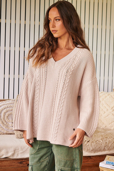 Effortless Casual Grey Oversized V-Neck Cable Knit Sweater for Women with Side Slits - Cozy Style Must-Have