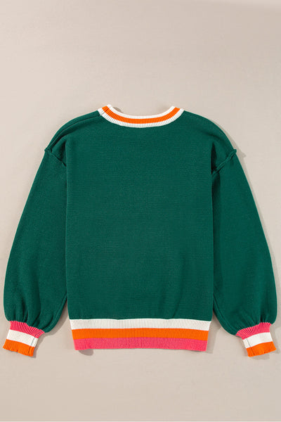 Cozy Women's Blackish Green Colorblock Striped Drop Shoulder Sweater - Stylish Layering Essential for Fall Fashion