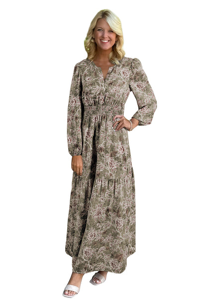 Women's Floral Smocked Waist Maxi Dress in Moss Green