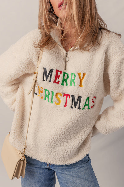Cozy Women's Jet Stream Sherpa Quarter Zip Sweatshirt with Colorful Letter Embroidery - Perfect for Holiday Style