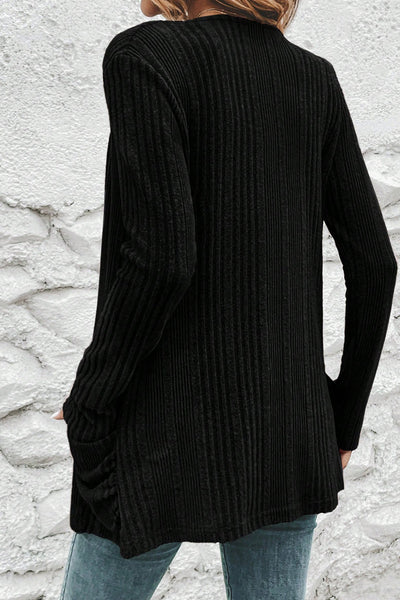 Stylish Women's Black Ribbed Knit Cardigan with Pockets - Comfortable Open Front Layer for Versatile Outfits