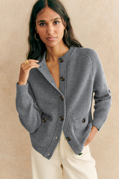 Women's Ribbed Viscose-Blend Crewneck Cardigan in Heather Grey