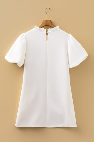 Women's Ruffle Neck Puff Sleeve Shift Dress in Cream Faux Suede