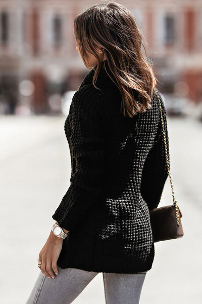 Cozy Black Button-Up Turtleneck Sweater for Women - Versatile Chic Style with a Comfortable Fit