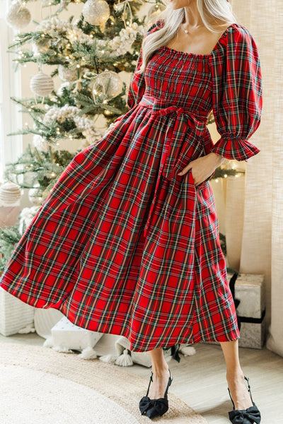 Women's Flattering Women's Red Tartan Midi Dress with Puff Sleeves, Square Neck, and Stylish Knot Waist Detail