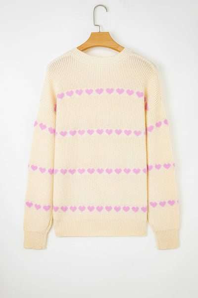 Women's Lavender Heart Ribbed Knit Sweater in Cream