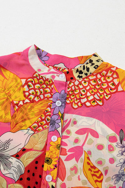 Stylish Women's Red Floral Print Ruffled Bubble Sleeve Shirt with Button Detail Comfortable and Trendy Fit