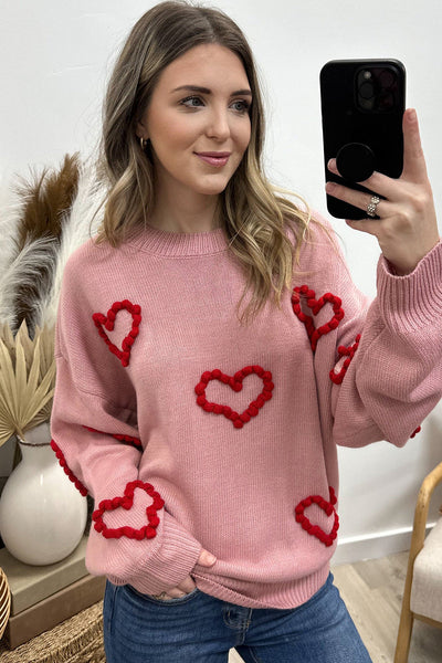 Cozy Women's Fuchsia Drop Shoulder Sweater with Heart Embroidery - Trendy Casual Style for Effortless Chic Looks
