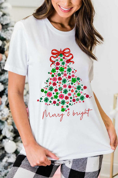 Women's Floral Christmas Tree Graphic Tee in Soft Cotton Blend