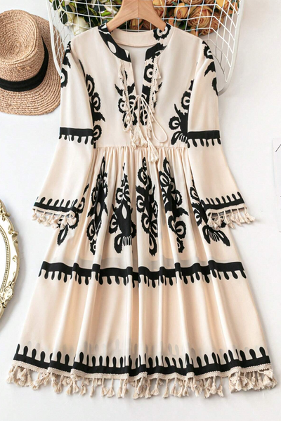 Beige Tasseled Notch V-Neck Mini Dress for Women - Chic Western-Inspired Summer Style with Trendy Print