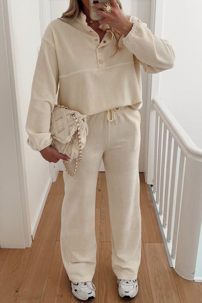 Chic Beige Corduroy 2-Piece Women's Set: Cozy Half Button Pullover & Comfortable Drawstring Pants for Effortless Style