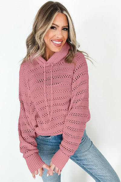 Cozy Women's Peach Blossom Pointelle Knit Hooded Sweater with Raglan Sleeves - Stylish Layering Essential for Fall