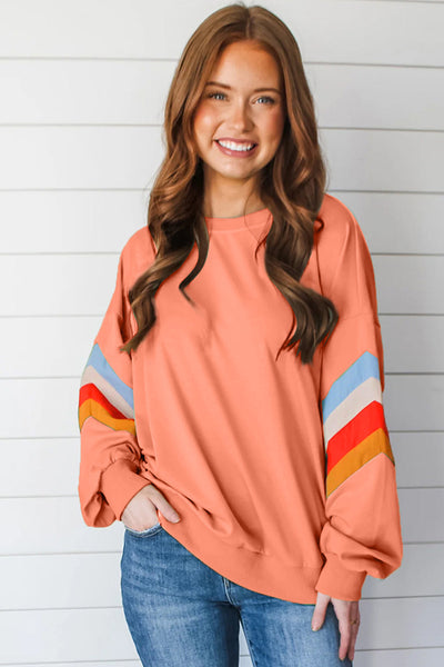 Colorful Women's Loose Fit Crew Neck Sweatshirt with Rainbow Striped Sleeves and Flamingo Design - Casual Style