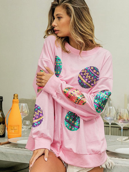 Sparkling Pink Easter Egg Drop Shoulder Oversized Sequin Sweatshirt