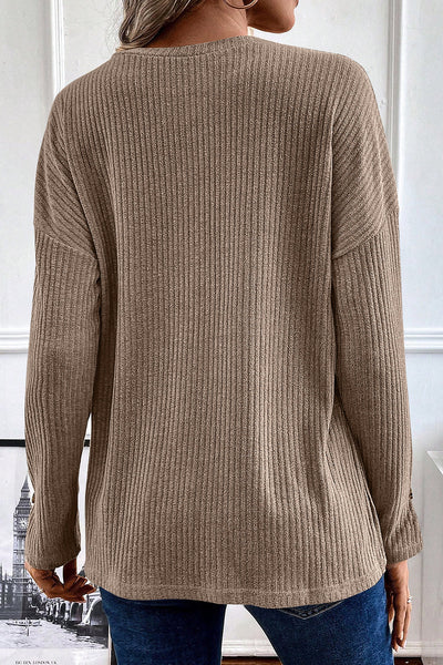 Women's Casual Pale Khaki Ribbed Long Sleeve Henley Top - Stylish Knit Shirt with Comfortable Fit for Everyday Wear