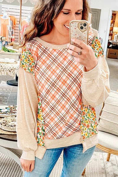 Women's Beige Floral Plaid Patchwork Knit Top with Textured Uneven Hem - Casual and Chic Everyday Wear