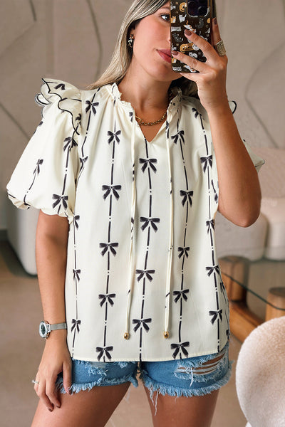 Women's Bow Print Ruffle Shoulder Puff Sleeve Blouse in Cream