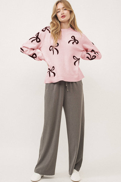 Cozy Light Pink Bow Pattern Knit Sweater for Women - Relaxed Fit Casual Top for Effortless Everyday Style