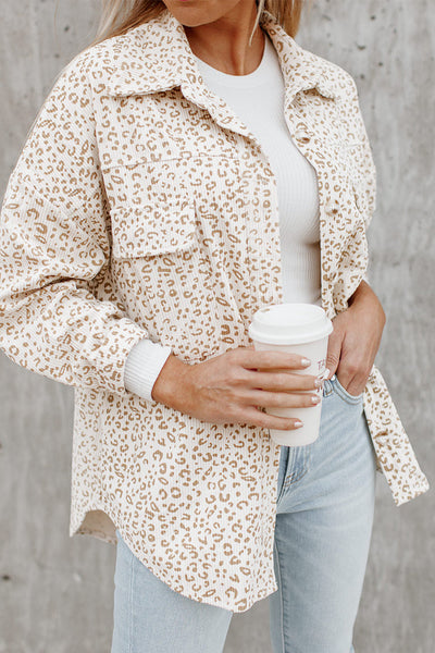 Trendy Beige Leopard Print Corduroy Shacket for Women with Flap Pockets Stylish Layering Essential for Every Wardrobe