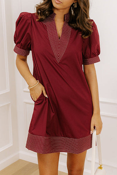 Women's Burgundy V-Neck Puff Sleeve Shift Dress made for easy styling and wardrobe coordination, with premium-like structure and finish.