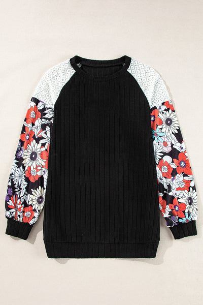 Elegant Women's Black Floral Patchwork Long Sleeve Blouse - Stylish Ribbed Top for Comfortable Everyday Wear