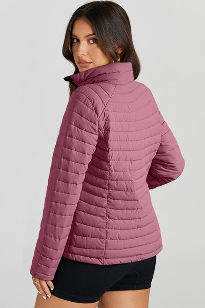 Women's Burgundy Quilted Puffer Jacket with Zip-Up Closure - Stylish, Warm, and Perfect for Winter Adventures