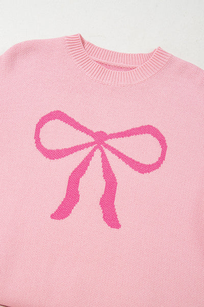 Cozy Women's Pink Bow Graphic Drop Shoulder Sweater - Casual Chic Round Neck Top for Effortless Style