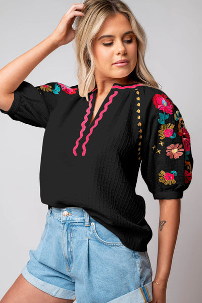 Chic Women's Black Floral Embroidered Puff Sleeve Blouse with Textured Fabric - Elegant Top for Any Occasion