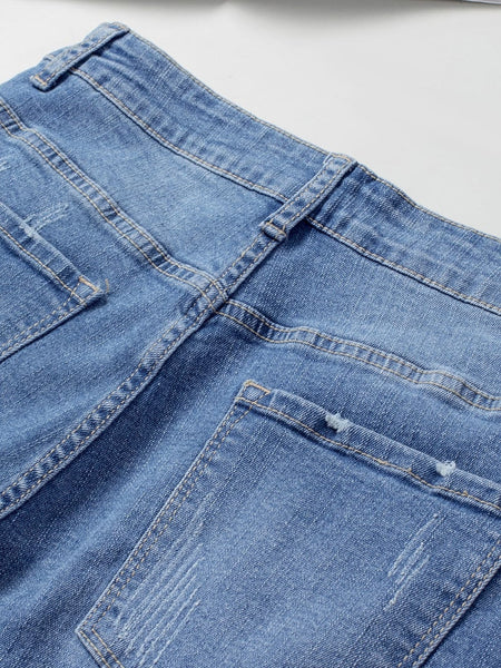 Ripped Fringed Denim Shorts Straight-breasted Pant