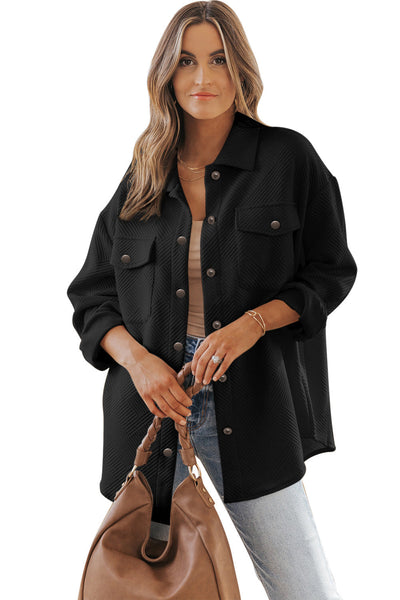 Trendy Women's Black Textured Flap Pocket Shacket - Stylish Button-Up Layer for Fall Fashion and Cozy Outfits
