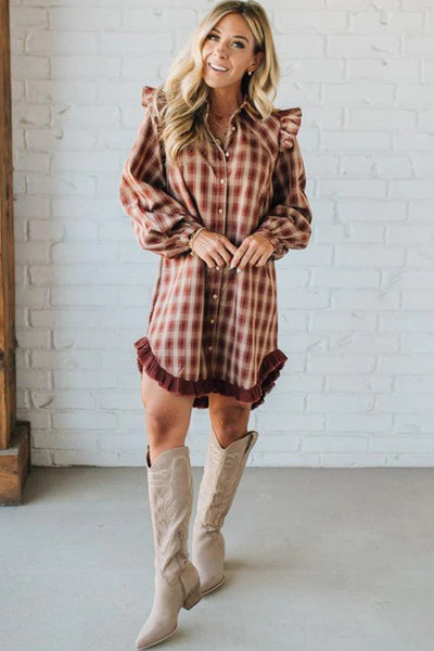 Stylish Women's Red Plaid Ruffled Mini Dress with Long Sleeves and Trendy Patchwork Hem for Casual Summer Outings